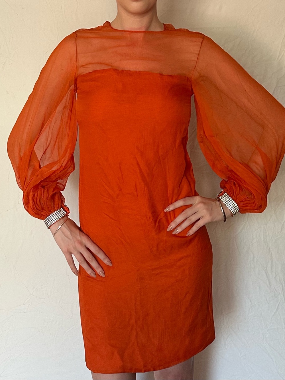 Sheer-Bishop Sleeve Mini Dress in Vibrant Orange